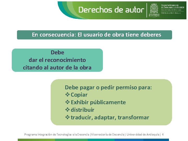 En consecuencia: El usuario de obra tiene deberes Debe dar el reconocimiento citando al