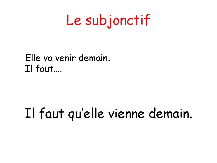 Le subjonctif Elle va venir demain. Il faut…. Il faut qu’elle vienne demain. 