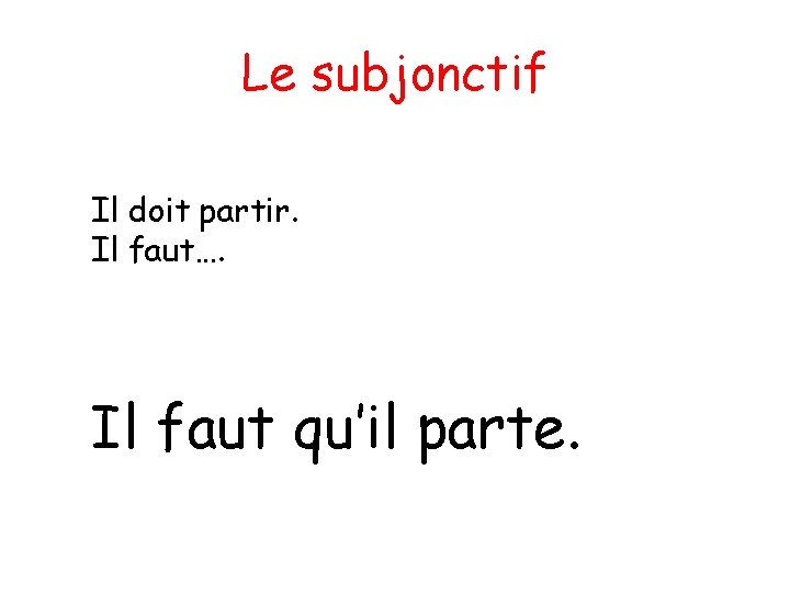 Le subjonctif Il doit partir. Il faut…. Il faut qu’il parte. 