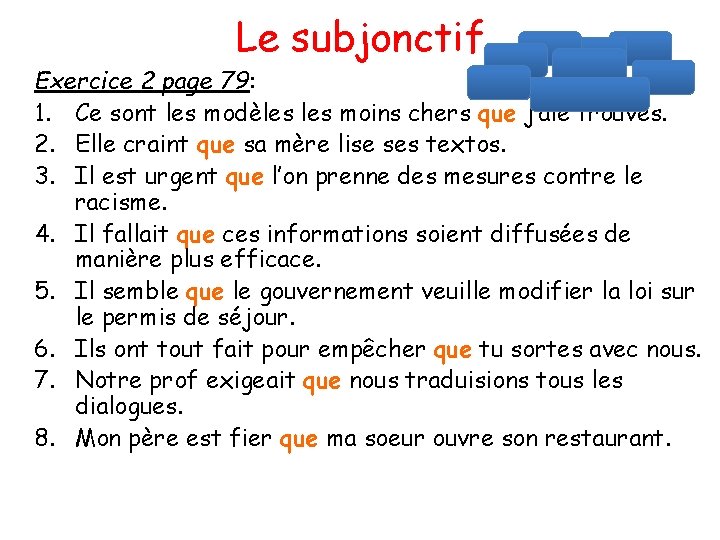 Le subjonctif Exercice 2 page 79: 1. Ce sont les modèles moins chers que