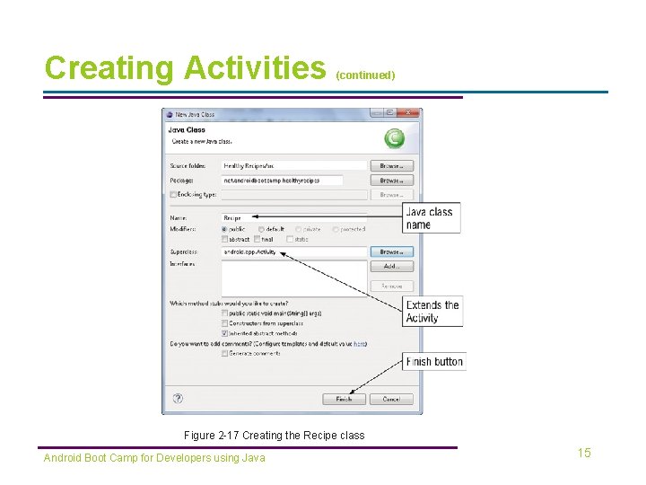 Creating Activities (continued) Figure 2 -17 Creating the Recipe class Android Boot Camp for