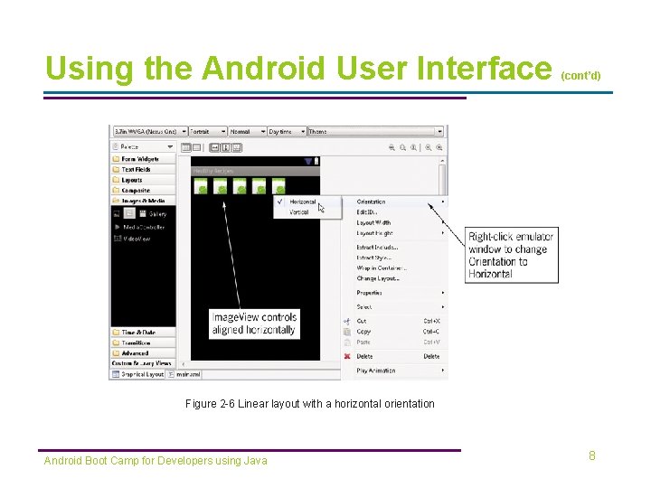 Using the Android User Interface (cont’d) Figure 2 -6 Linear layout with a horizontal