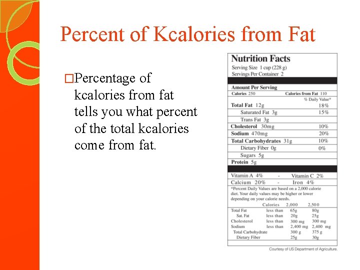 Percent of Kcalories from Fat �Percentage of kcalories from fat tells you what percent