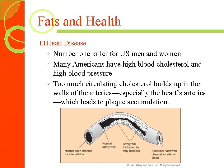 Fats and Health � Heart Disease ◦ Number one killer for US men and