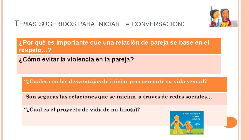 TEMAS SUGERIDOS PARA INICIAR LA CONVERSACIÓN: ¿Por qué es importante que una relación de