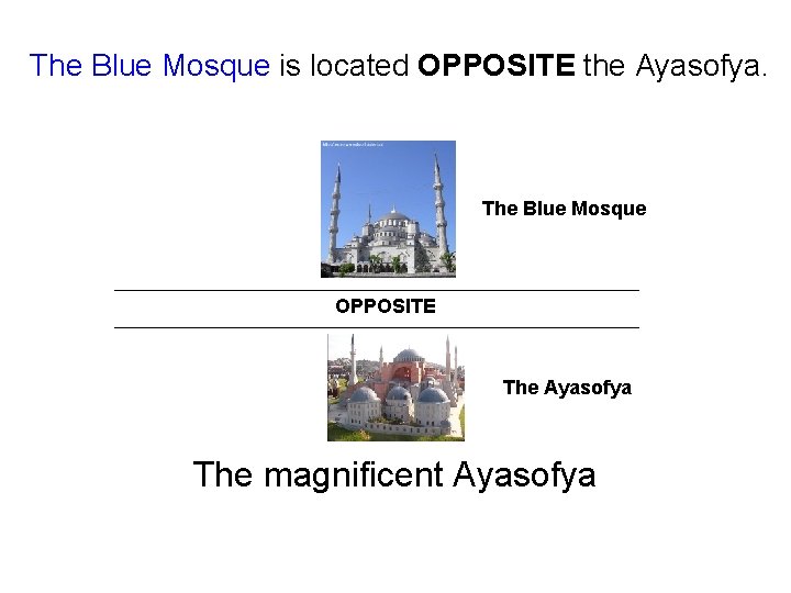 The Blue Mosque is located OPPOSITE the Ayasofya. The Blue Mosque OPPOSITE The Ayasofya