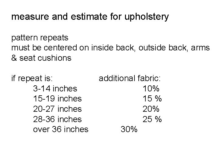 measure and estimate for upholstery pattern repeats must be centered on inside back, outside