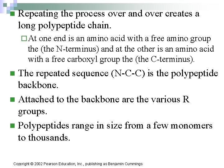 n Repeating the process over and over creates a long polypeptide chain. ¨ At