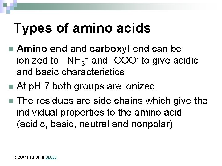 Types of amino acids Amino end and carboxyl end can be ionized to –NH