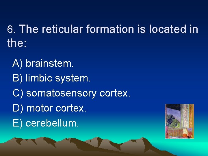 6. The reticular formation is located in the: A) brainstem. B) limbic system. C)