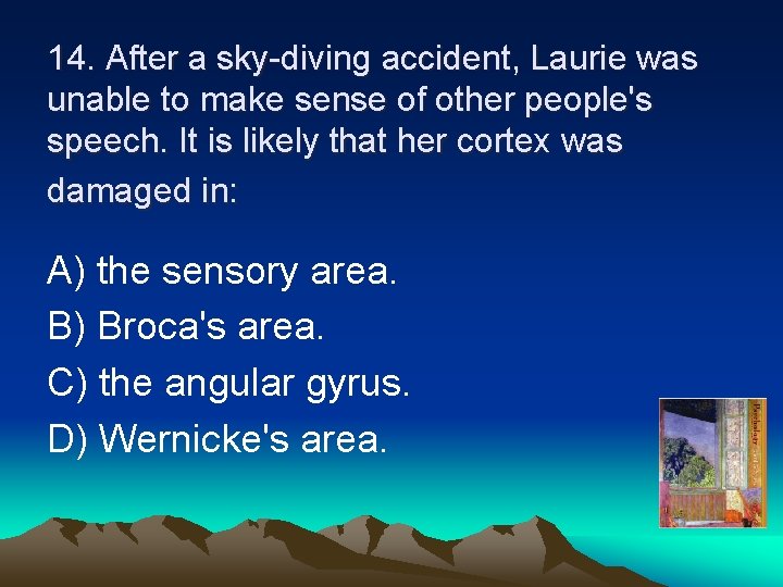 14. After a sky-diving accident, Laurie was unable to make sense of other people's