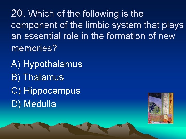 20. Which of the following is the component of the limbic system that plays
