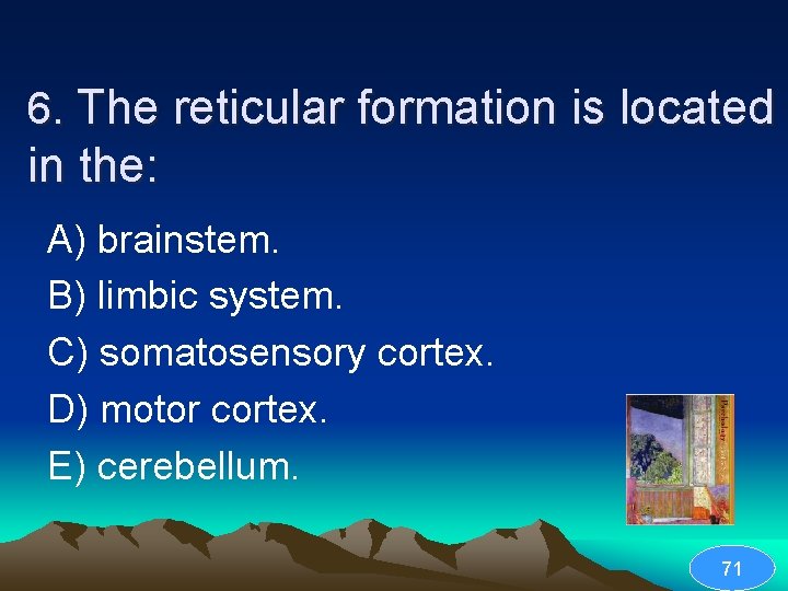 6. The reticular formation is located in the: A) brainstem. B) limbic system. C)