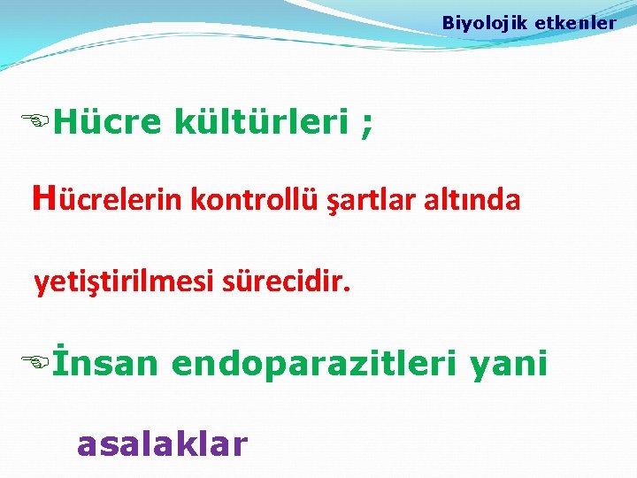 Biyolojik etkenler EHücre kültürleri ; Hücrelerin kontrollü şartlar altında yetiştirilmesi sürecidir. Eİnsan endoparazitleri yani