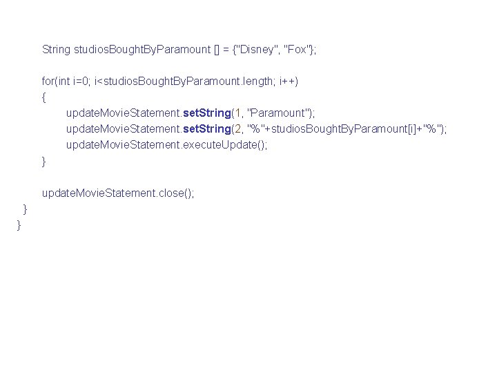 String studios. Bought. By. Paramount [] = {"Disney", "Fox"}; for(int i=0; i<studios. Bought. By.