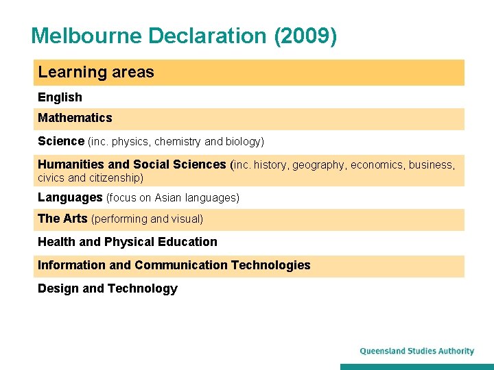 Melbourne Declaration (2009) Learning areas English Mathematics Science (inc. physics, chemistry and biology) Humanities