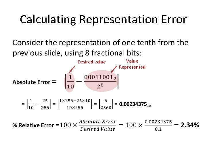 Calculating Representation Error • Desired value Value Represented 