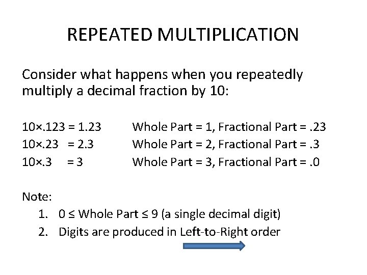 REPEATED MULTIPLICATION Consider what happens when you repeatedly multiply a decimal fraction by 10: