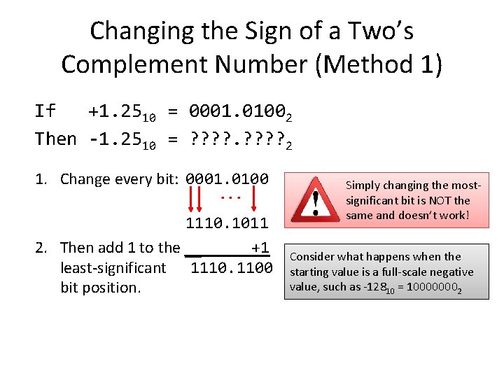 Changing the Sign of a Two’s Complement Number (Method 1) If +1. 2510 =