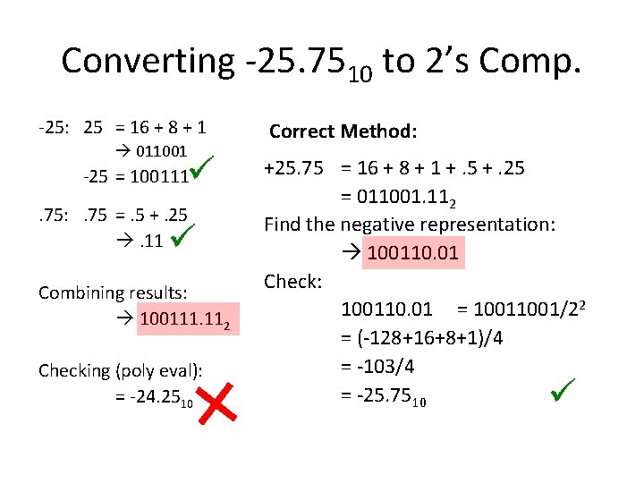 Converting -25. 7510 to 2’s Comp. -25: 25 = 16 + 8 + 1