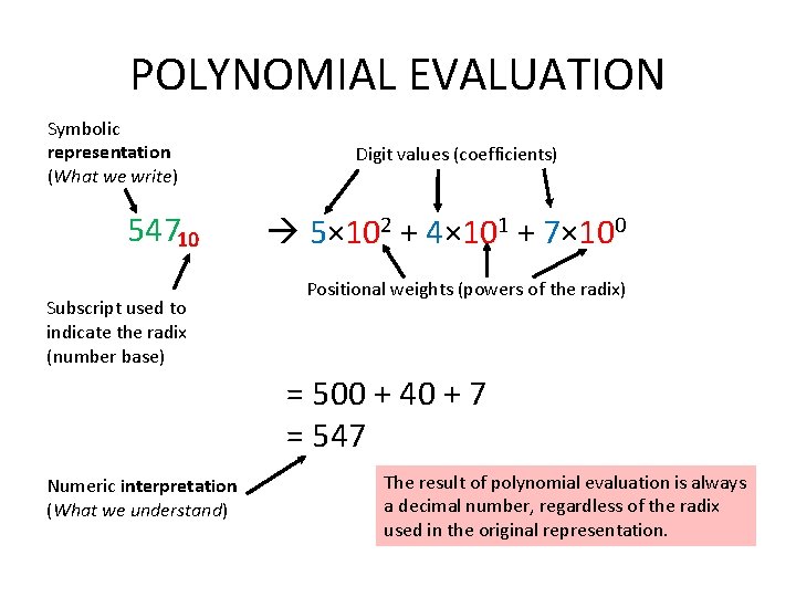 POLYNOMIAL EVALUATION Symbolic representation (What we write) 547 10 Subscript used to indicate the
