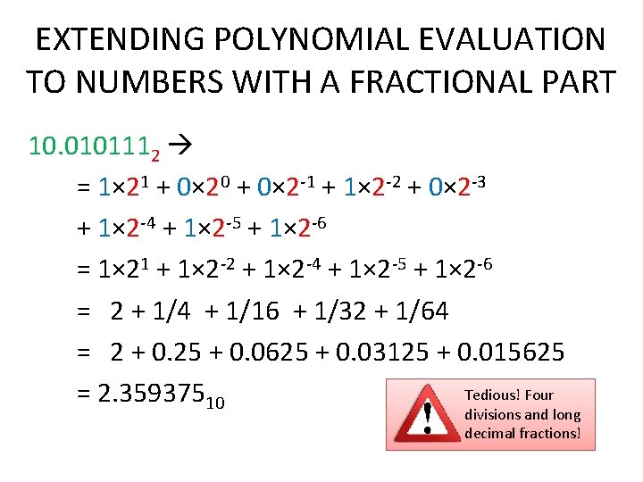 EXTENDING POLYNOMIAL EVALUATION TO NUMBERS WITH A FRACTIONAL PART 10. 0101112 = 1× 21