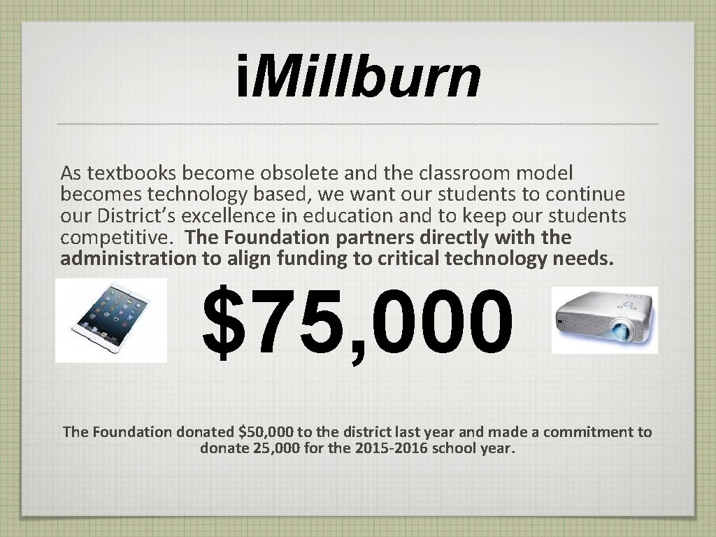 i. Millburn As textbooks become obsolete and the classroom model becomes technology based, we