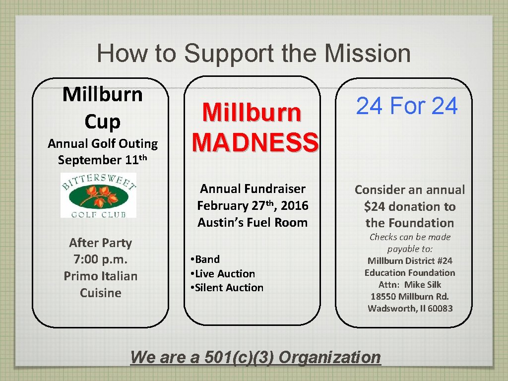 How to Support the Mission Millburn Cup Annual Golf Outing September 11 th After