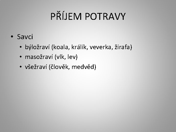 PŘÍJEM POTRAVY • Savci • býložraví (koala, králík, veverka, žirafa) • masožraví (vlk, lev)