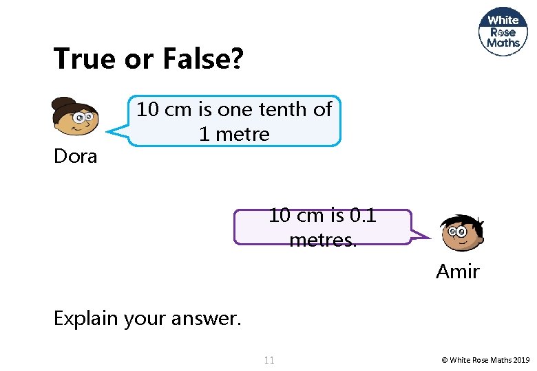 True or False? Dora 10 cm is one tenth of 1 metre 10 cm