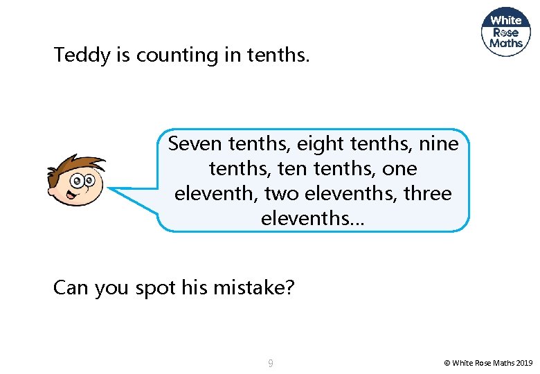 Teddy is counting in tenths. Seven tenths, eight tenths, nine tenths, one eleventh, two