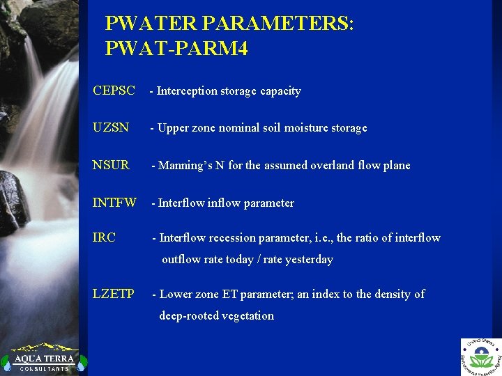PWATER PARAMETERS: PWAT-PARM 4 CEPSC - Interception storage capacity UZSN - Upper zone nominal