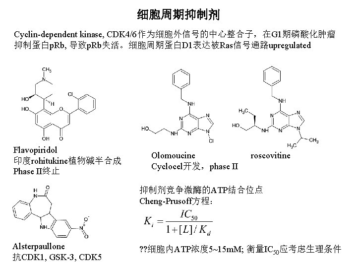 细胞周期抑制剂 Cyclin-dependent kinase, CDK 4/6作为细胞外信号的中心整合子，在G 1期磷酸化肿瘤 抑制蛋白p. Rb, 导致p. Rb失活。细胞周期蛋白D 1表达被Ras信号通路upregulated Flavopiridol 印度rohitukine植物碱半合成 Phase