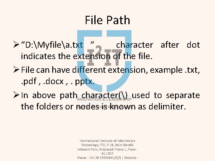 File Path Ø “D: Myfilea. txt “ character after dot indicates the extension of