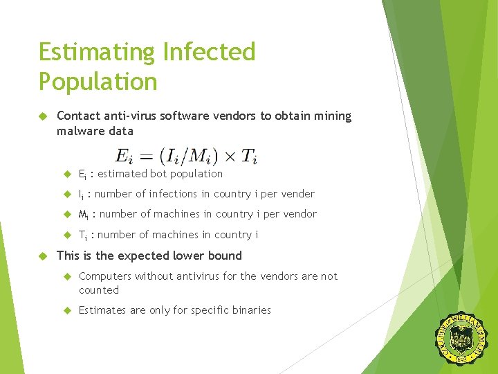 Estimating Infected Population Contact anti-virus software vendors to obtain mining malware data Ei :