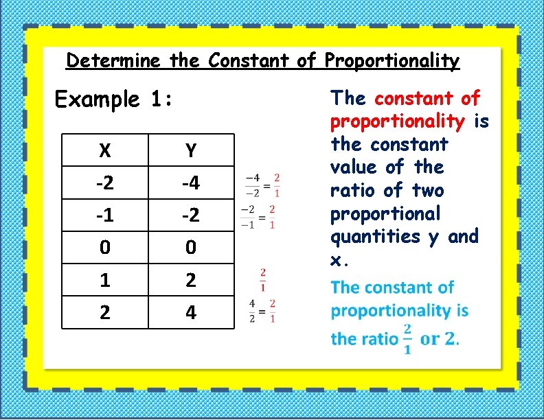 Determine the Constant of Proportionality Example 1: X -2 -1 0 1 2 Y