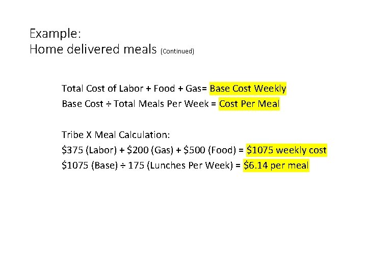 Example: Home delivered meals (Continued) Total Cost of Labor + Food + Gas= Base