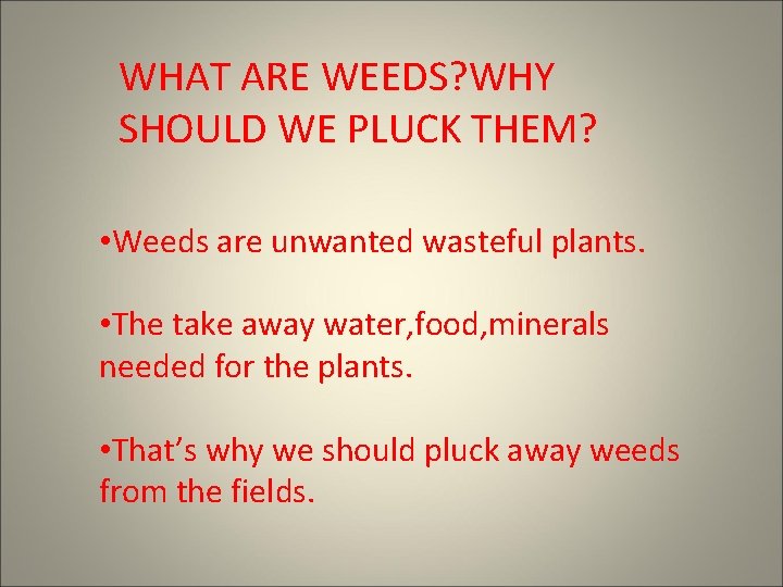 WHAT ARE WEEDS? WHY SHOULD WE PLUCK THEM? • Weeds are unwanted wasteful plants.