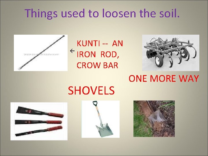 Things used to loosen the soil. KUNTI -- AN IRON ROD, CROW BAR SHOVELS