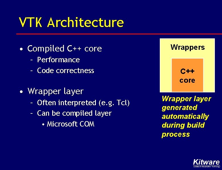 VTK Architecture • Compiled C++ core – Performance – Code correctness • Wrapper layer