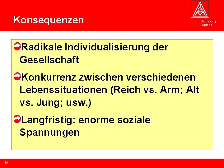 Konsequenzen Radikale Individualisierung der Gesellschaft Konkurrenz zwischen verschiedenen Lebenssituationen (Reich vs. Arm; Alt vs.