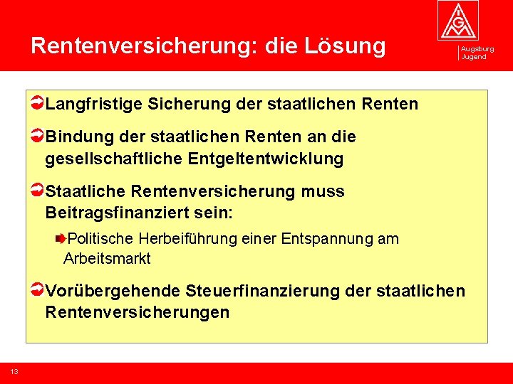 Rentenversicherung: die Lösung Augsburg Jugend Langfristige Sicherung der staatlichen Renten Bindung der staatlichen Renten
