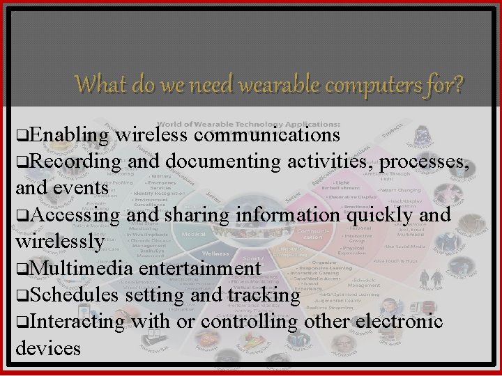 What do we need wearable computers for? q. Enabling wireless communications q. Recording and
