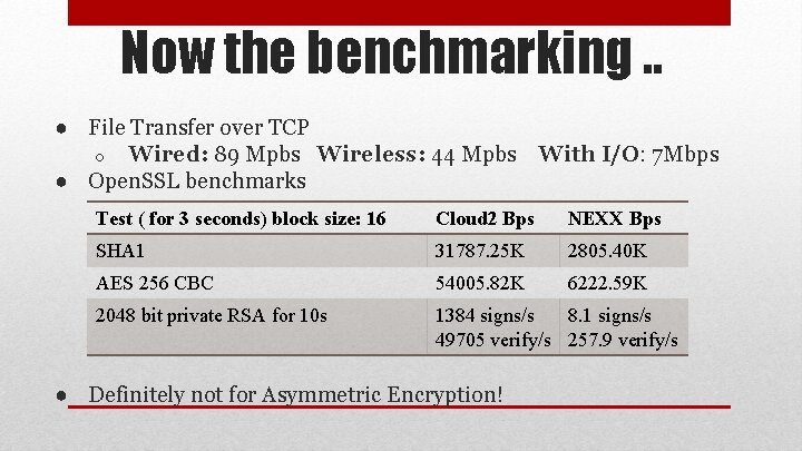 Now the benchmarking. . ● File Transfer over TCP o Wired: 89 Mpbs Wireless: