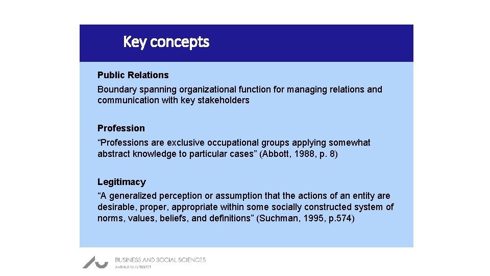 Key concepts Public Relations Boundary spanning organizational function for managing relations and communication with