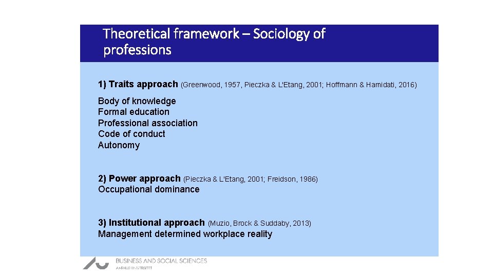Theoretical framework – Sociology of professions 1) Traits approach (Greenwood, 1957, Pieczka & L'Etang,