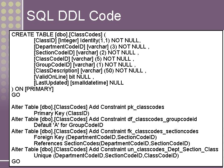 SQL DDL Code CREATE TABLE [dbo]. [Class. Codes] ( [Class. ID] [Integer] Identity(1, 1)