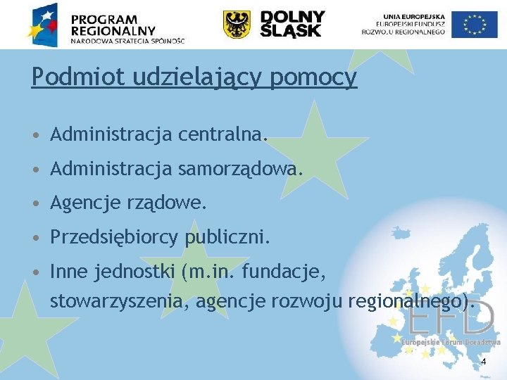 Podmiot udzielający pomocy • Administracja centralna. • Administracja samorządowa. • Agencje rządowe. • Przedsiębiorcy