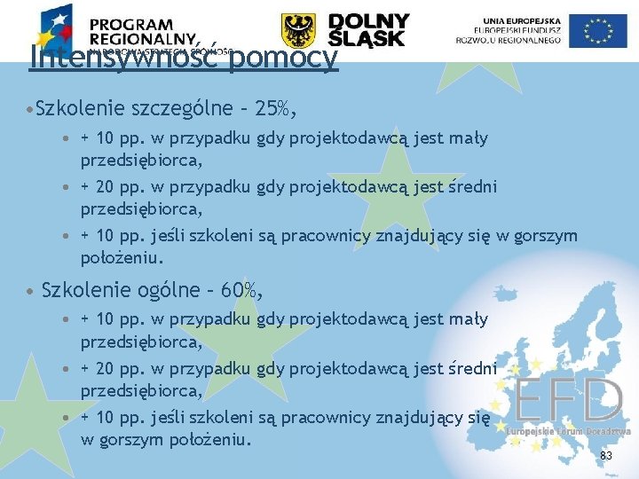 Intensywność pomocy • Szkolenie szczególne – 25%, • + 10 pp. w przypadku gdy