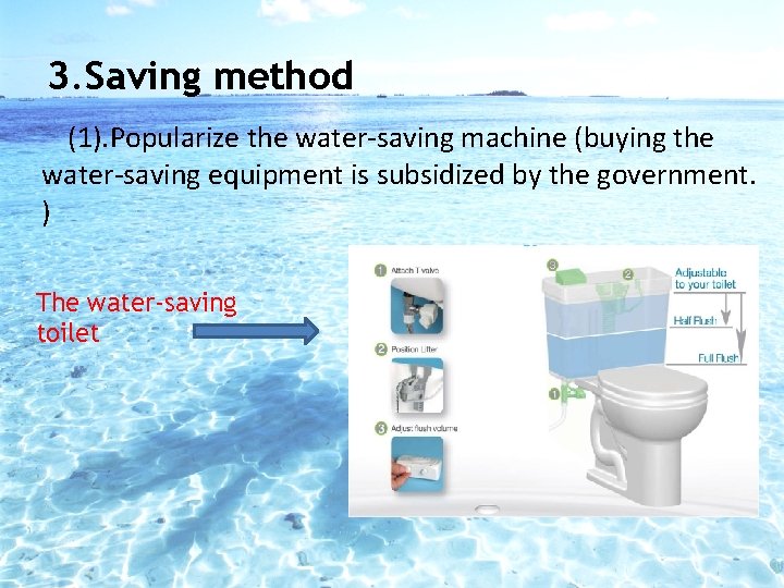 3. Saving method (1). Popularize the water-saving machine (buying the water-saving equipment is subsidized